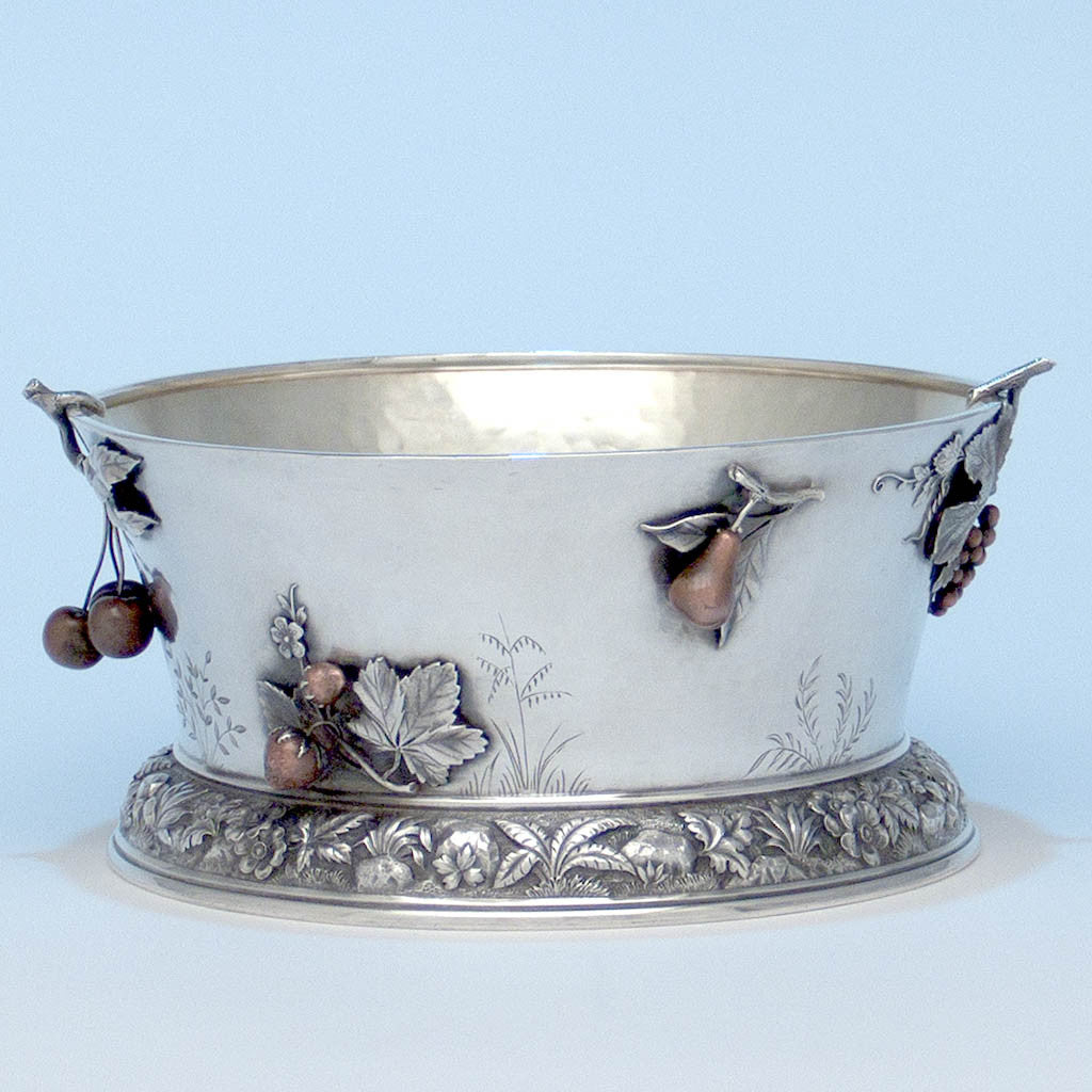 Reverse side of Whiting Manufacturing Company Antique Sterling Silver and Mixed Metal Aesthetic Movement Centerpiece Bowl, New York, NY, c. 1880