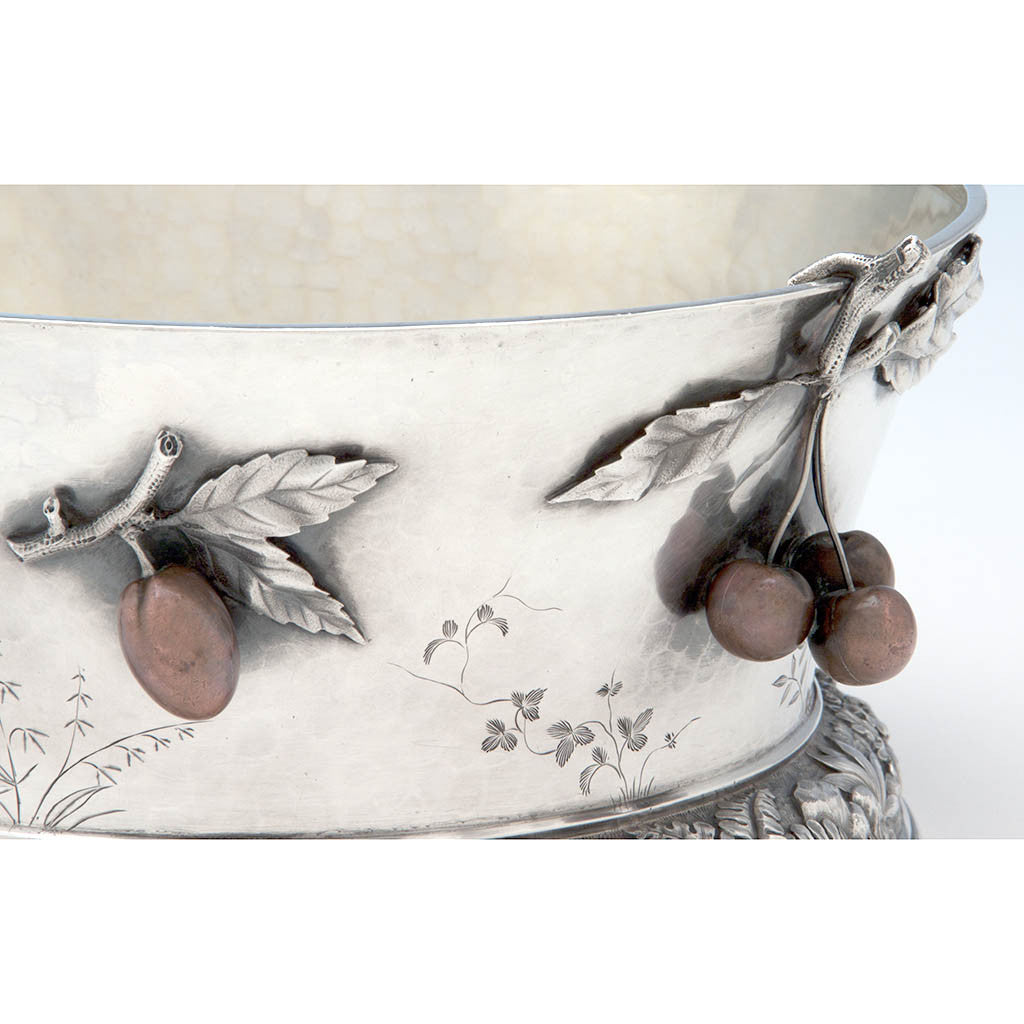 Handle to Whiting Manufacturing Company Antique Sterling Silver and Mixed Metal Aesthetic Movement Centerpiece Bowl, New York, NY, c. 1880