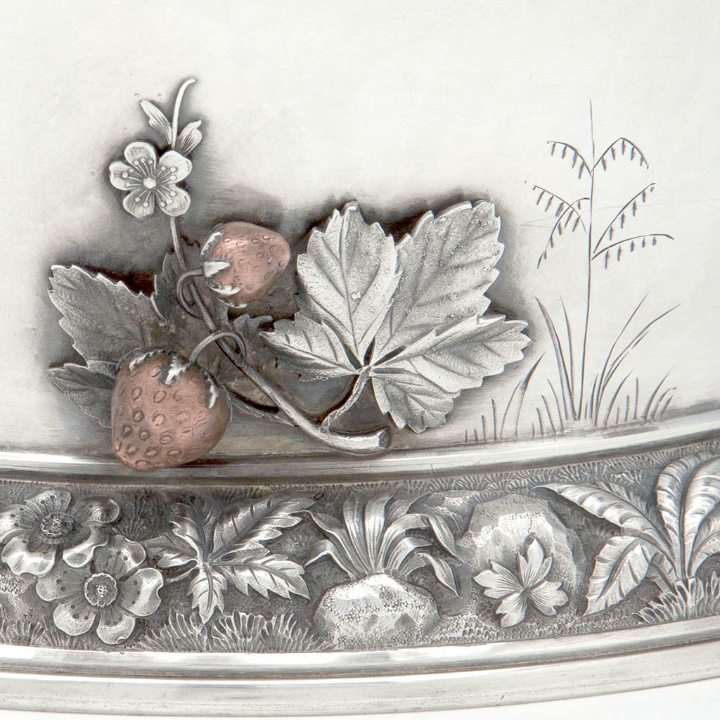 Strawberries on Whiting Manufacturing Company Antique Sterling Silver and Mixed Metal Aesthetic Movement Centerpiece Bowl, New York, NY, c. 1880