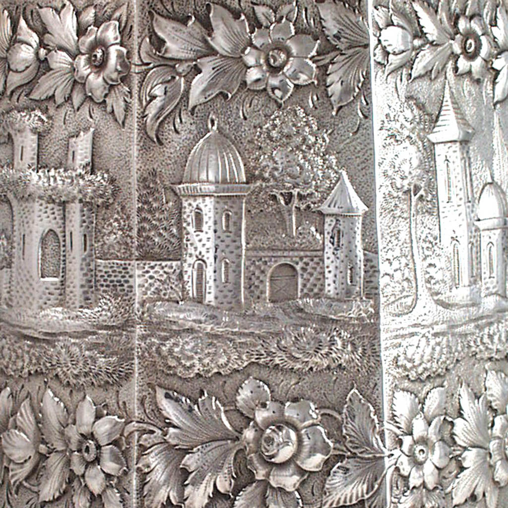 Repousse on Peter Krider Sterling Repousse Hot Water Kettle on Stand with Scenic Decoration, c. 1870&#39;s