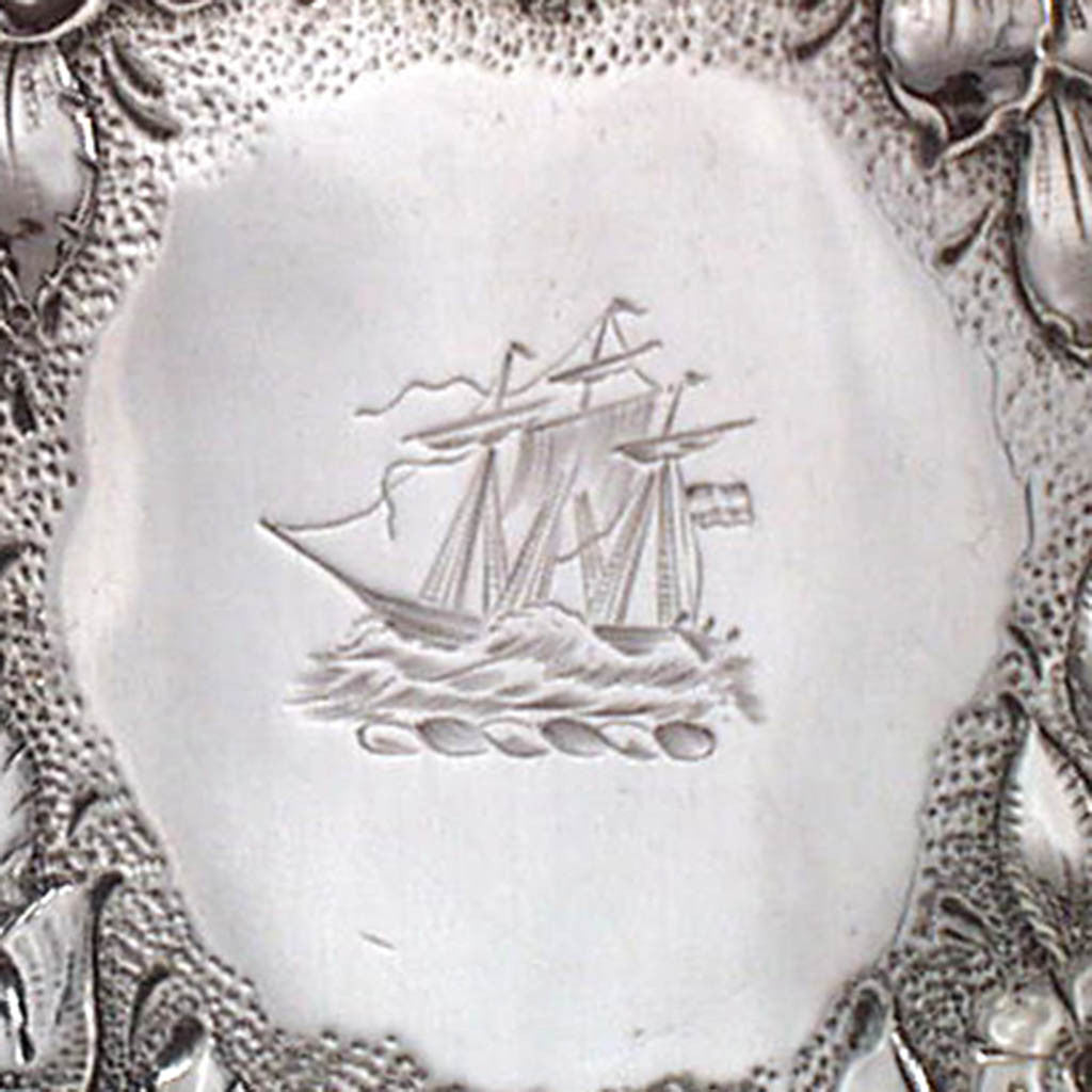 Engraving on Peter Krider Sterling Repousse Hot Water Kettle on Stand with Scenic Decoration, c. 1870&#39;s