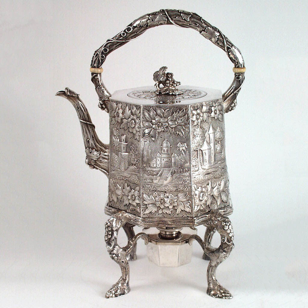 Peter Krider Sterling Repousse Hot Water Kettle on Stand with Scenic Decoration, c. 1870&#39;s