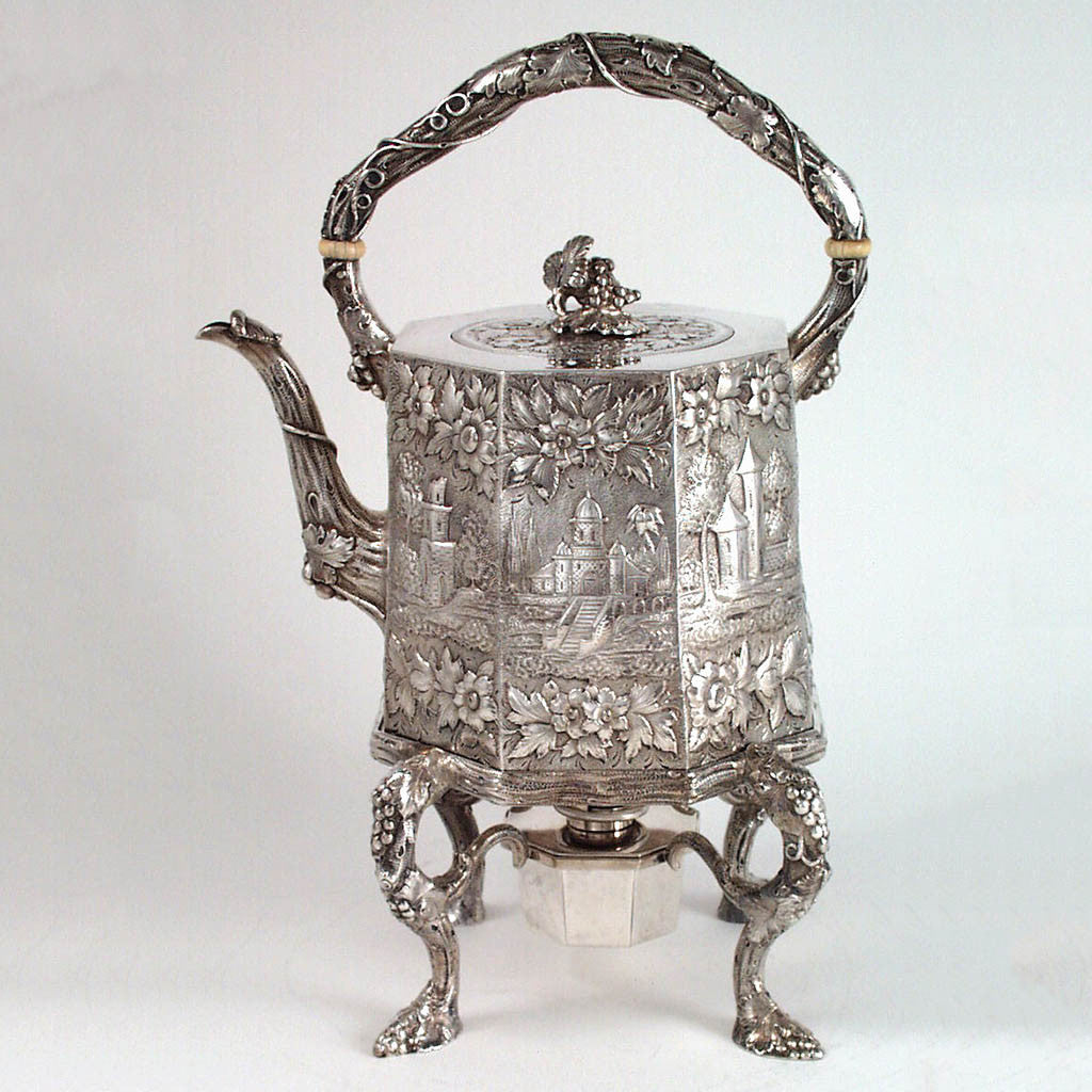 Peter Krider Sterling Repousse Hot Water Kettle on Stand with Scenic Decoration, c. 1870's
