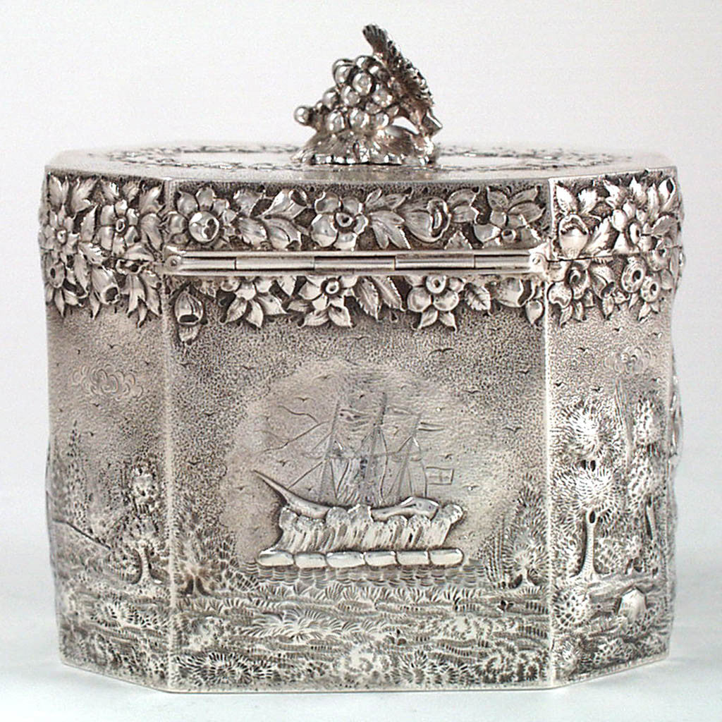 Peter Krider Sterling Repousse Tea Caddy with Scenic Decoration, Philadelphia, PA, c. 1870's