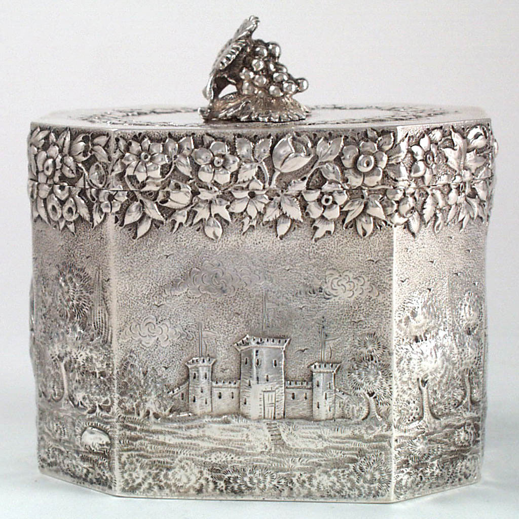 Castle on Peter Krider Sterling Repousse Tea Caddy with Scenic Decoration, Philadelphia, PA, c. 1870&#39;s