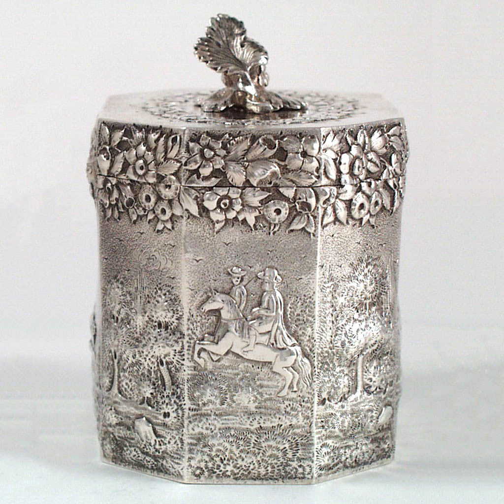 Side of Peter Krider Sterling Repousse Tea Caddy with Scenic Decoration, Philadelphia, PA, c. 1870&#39;s
