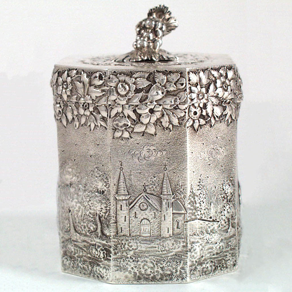 Church on Peter Krider Sterling Repousse Tea Caddy with Scenic Decoration, Philadelphia, PA, c. 1870&#39;s