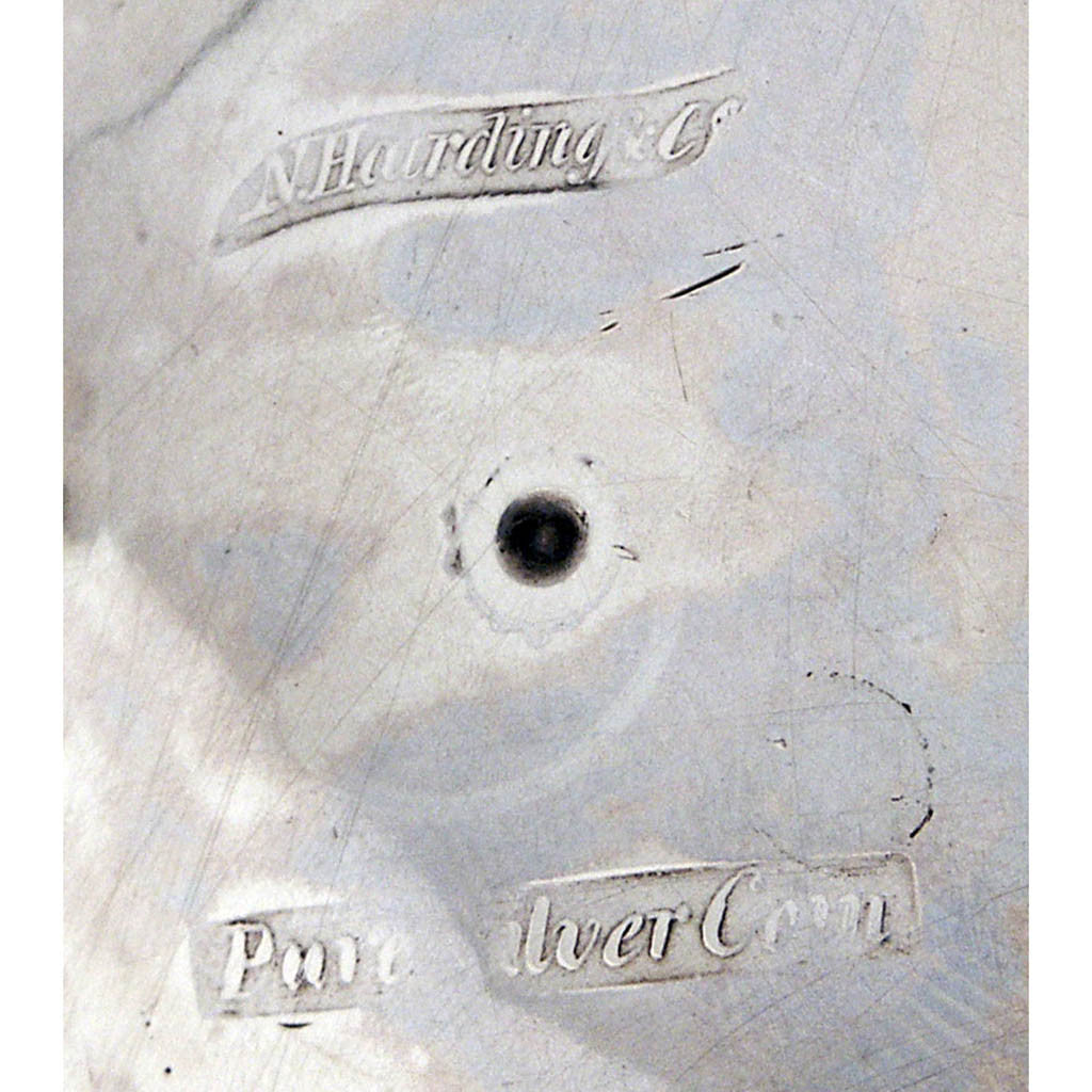 Marks on creamer to Obadiah Rich 3-piece Coin Silver Tea Set, Boston, c. 1840&#39;s, retailed by Newell Harding &amp; Co.