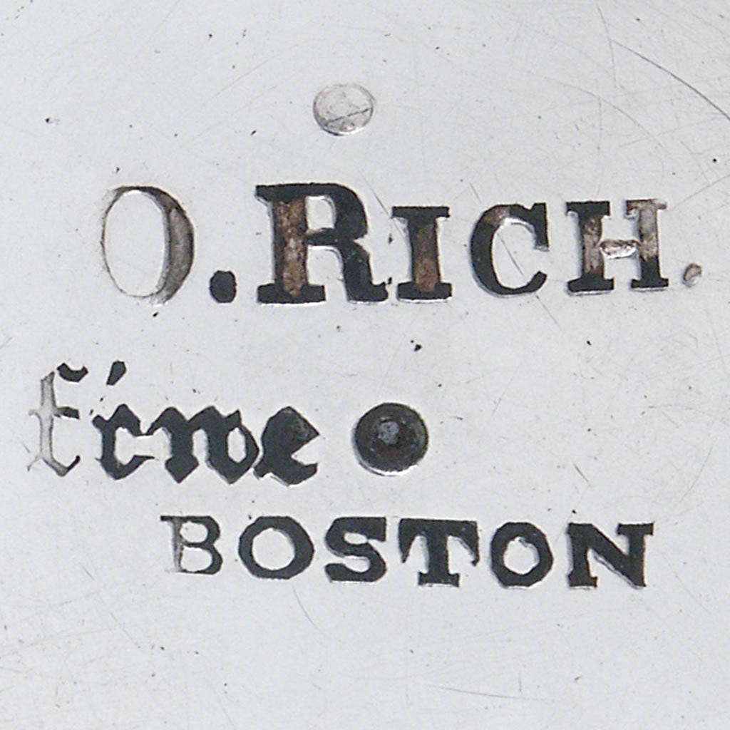 Marks on coffee pot to Obadiah Rich 3-piece Coin Silver Tea Set, Boston, c. 1840&#39;s, retailed by Newell Harding &amp; Co.
