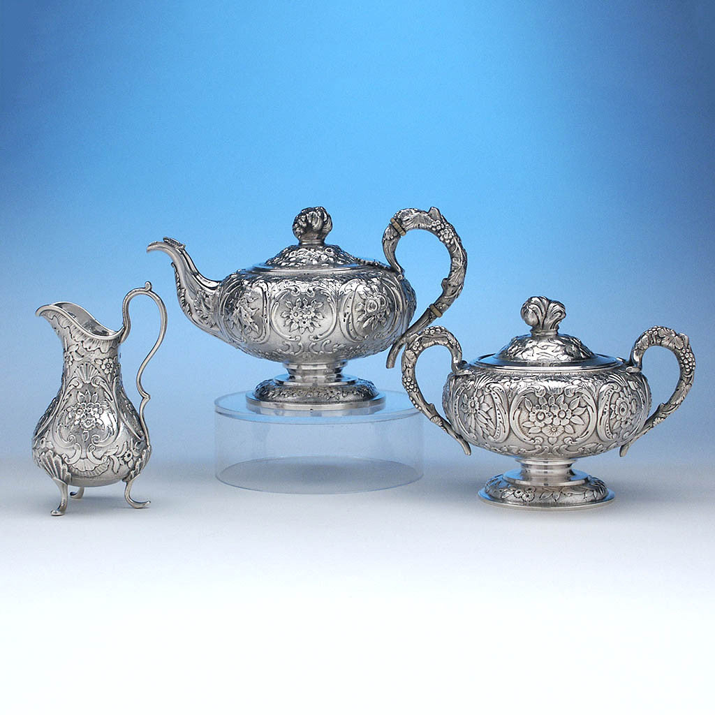 Obadiah Rich 3-piece Coin Silver Tea Set, Boston, c. 1840's, retailed by Newell Harding & Co.