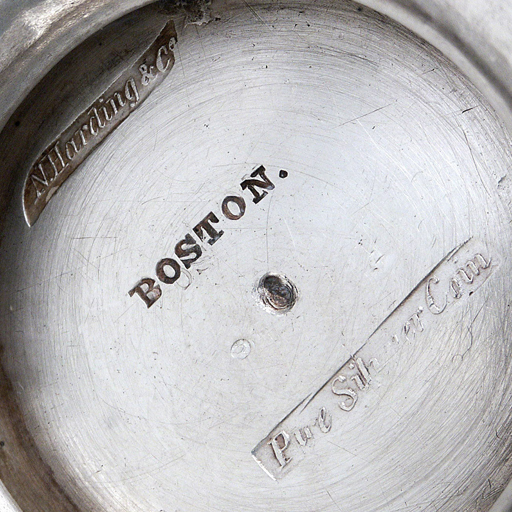 Marks on sugar bowl to Obadiah Rich 3-piece Coin Silver Tea Set, Boston, c. 1840&#39;s, retailed by Newell Harding &amp; Co.