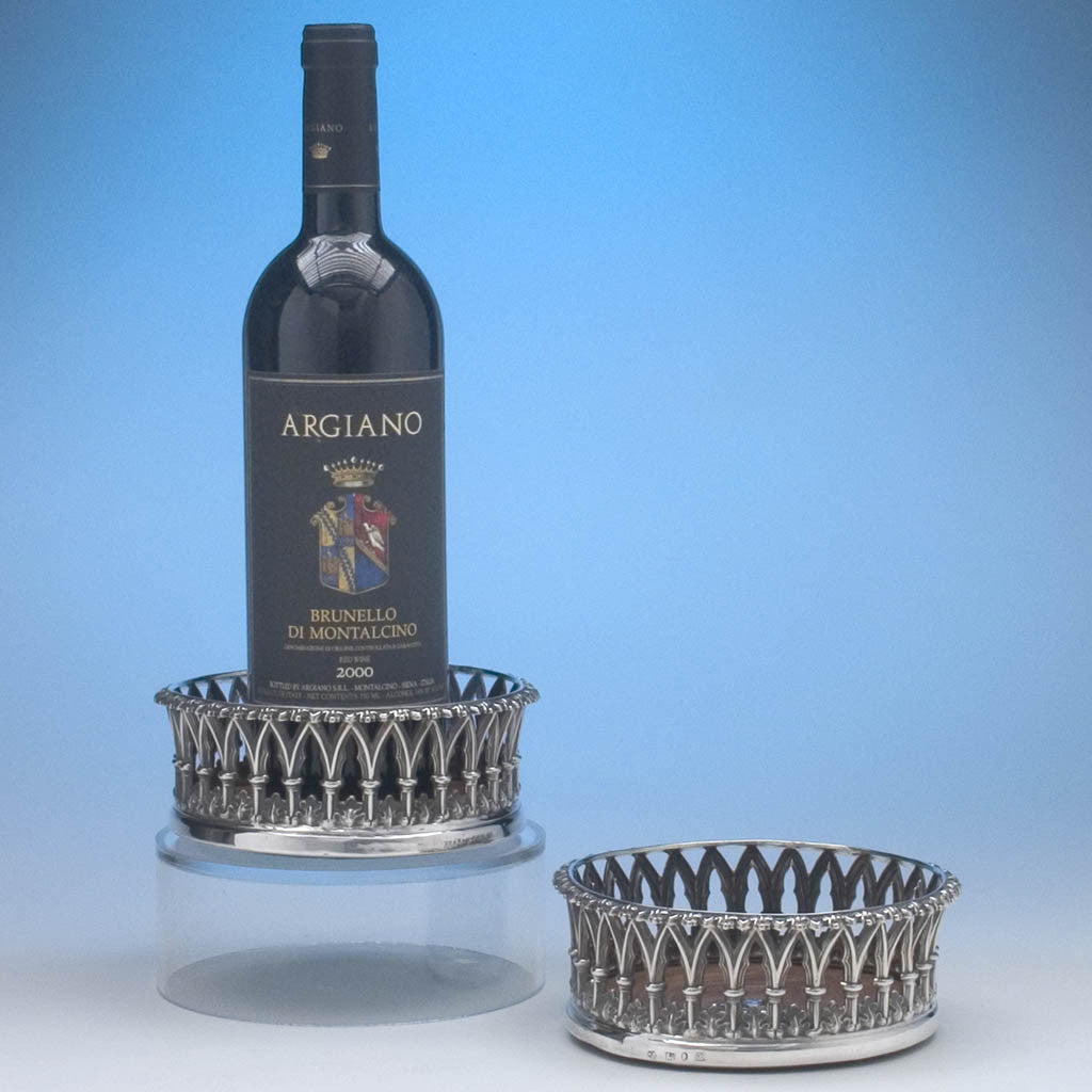 Henry Wilkinson &amp; Co Pair of Extremely Rare English Sterling Silver Gothic Revival Wine Coasters, Sheffield, 1838/39