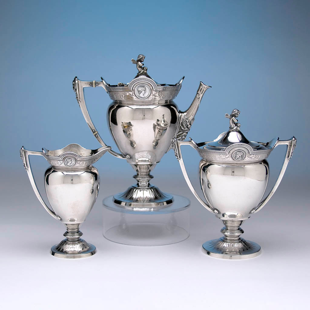Gorham "Medallion' Pattern Antique Coin Silver Coffee or Tea Set, c. 1865