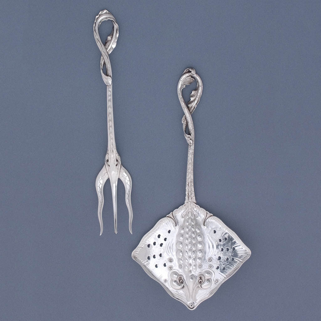 Emile Hoye (designer) for Magnus Aase Norwegian Silver Figural Sea Creature Fish Servers, Bergen, Norway, c. 1910