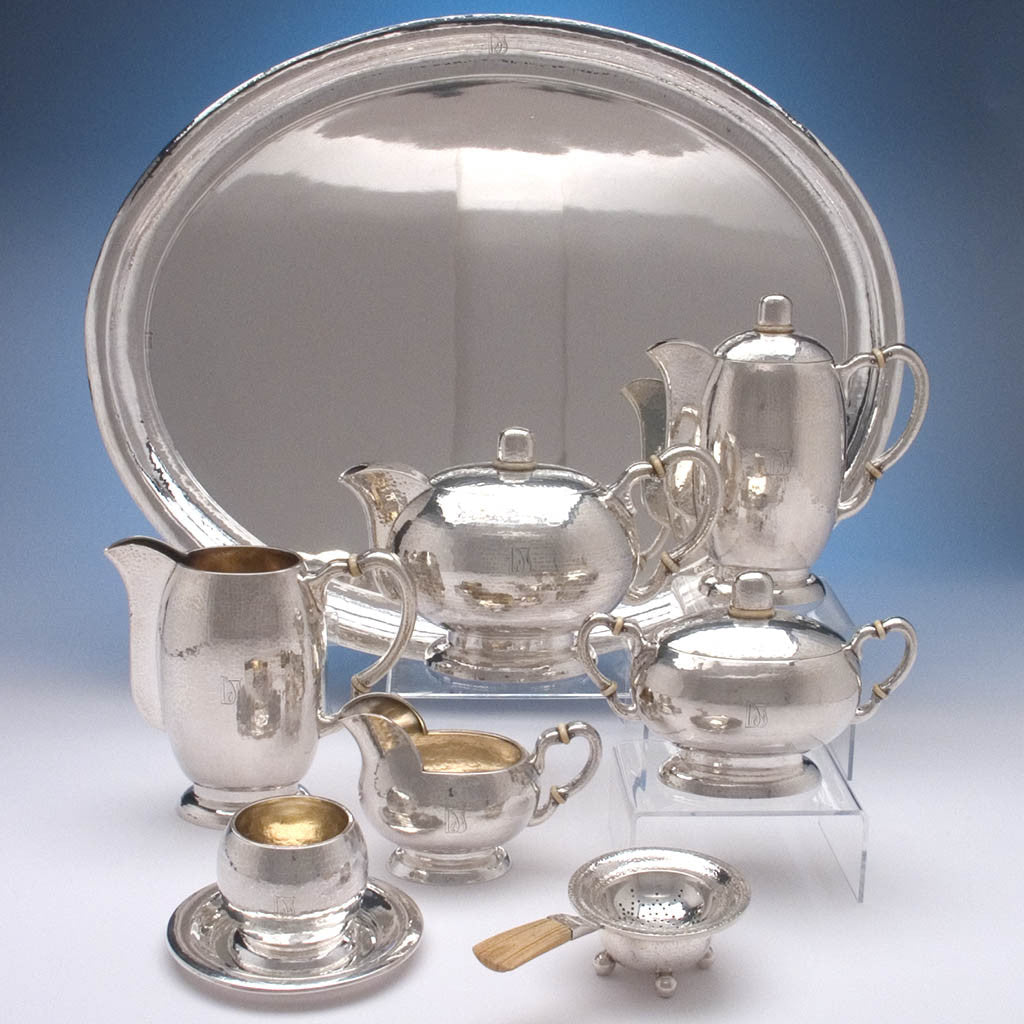 Bachruch Antal Hungarian 900 Silver Art-Deco 7-piece Coffee Service with Tray, Pest c. 1920's