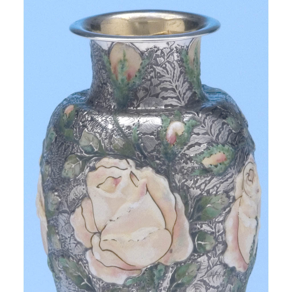 Rose detail on Tiffany &amp; Co - The &#39;Wild-Rose Vase&#39;, 1893 Columbian World&#39;s Fair Sterling Silver and Enamel Vase