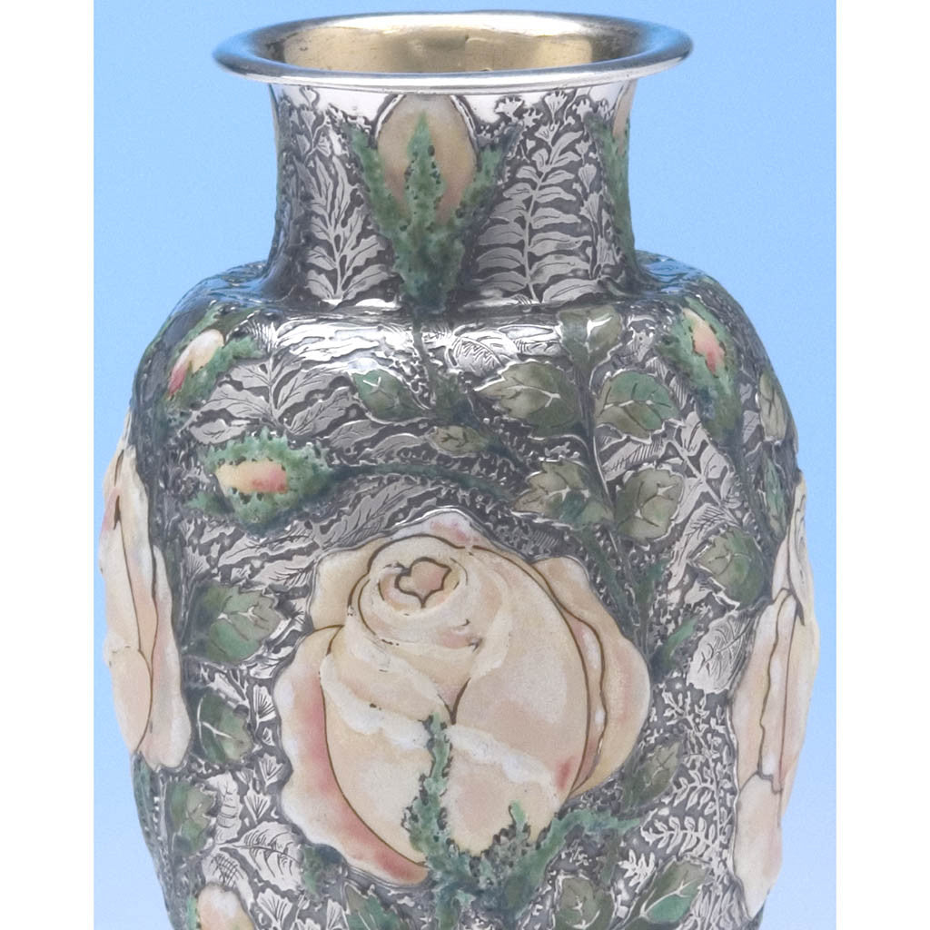 Multi-colored enamel on Tiffany &amp; Co - The &#39;Wild-Rose Vase&#39;, 1893 Columbian World&#39;s Fair Sterling Silver and Enamel Vase