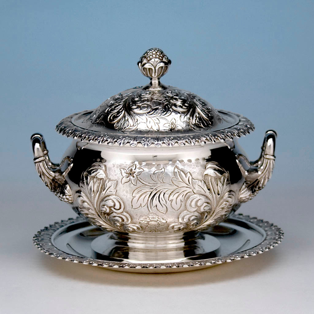J. B. Jones Coin Silver Covered Sauce Tureen with Stand, Boston, c. 1830