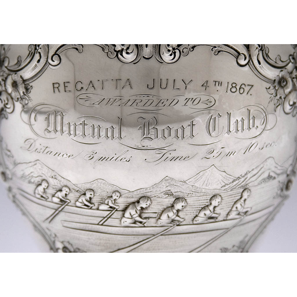 Inscription on Wood &amp; Hughes Coin Silver Rowing Trophy, New York City, 1867