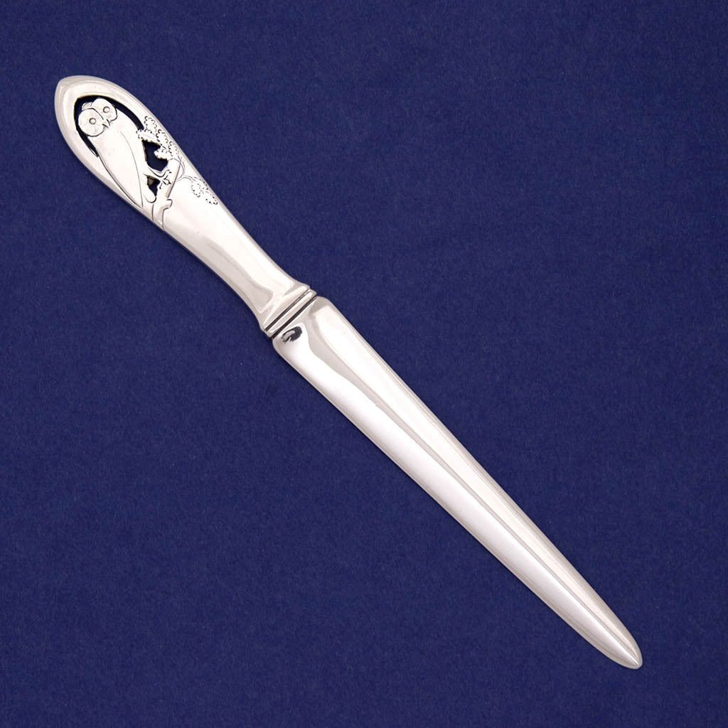 Arthur Stone Sterling Silver 'Owl' Letter Opener, Gardner, MA, c. 1920