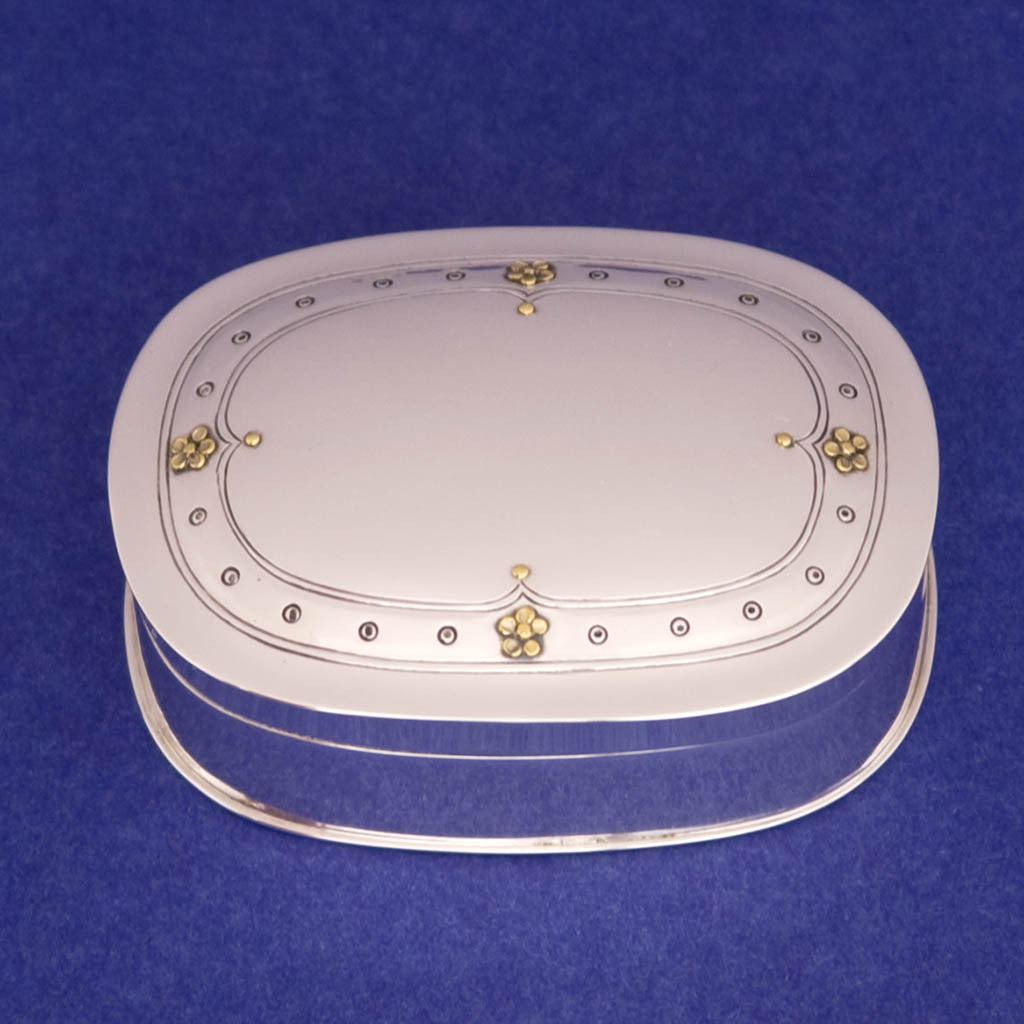 Arthur Stone Sterling Silver Pill Box with Applied Gold, Gardner, MA, c. 1910