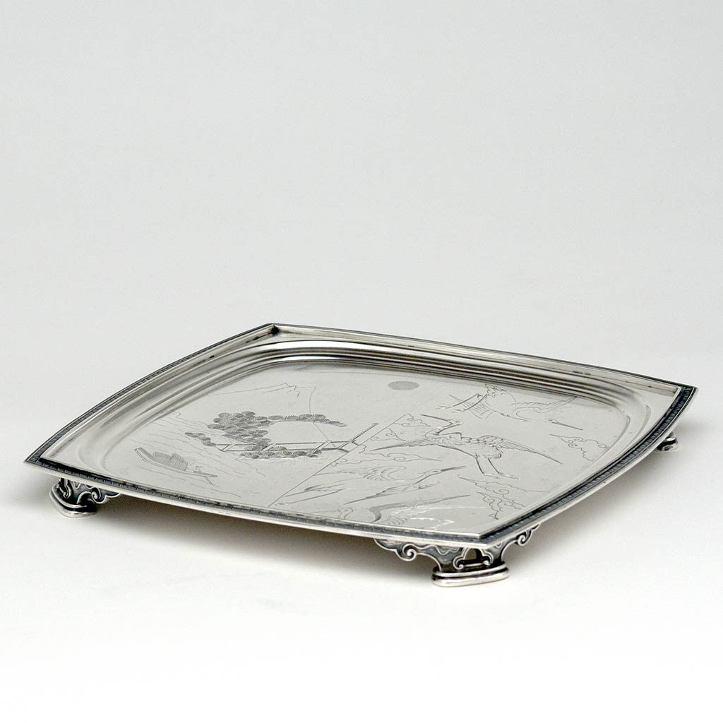 Angle of Tiffany &amp; Co Aesthetic Movement Antique Sterling Silver Japonesque Salver, New York City, 1874
