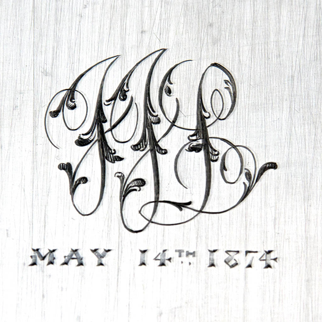 Monogram and date on Tiffany &amp; Co Aesthetic Movement Antique Sterling Silver Japonesque Salver, New York City, 1874