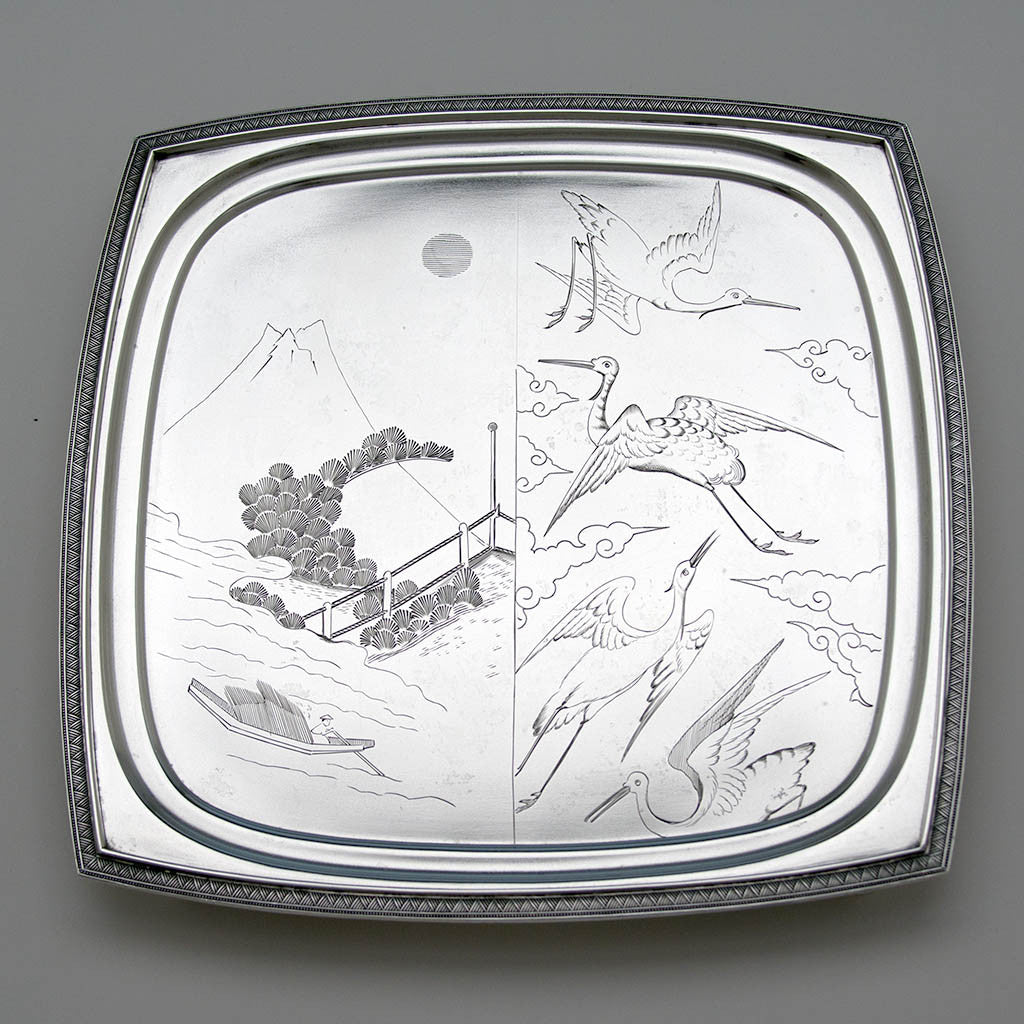 Tiffany & Co Aesthetic Movement Antique Sterling Silver Japonesque Salver, New York City, 1874