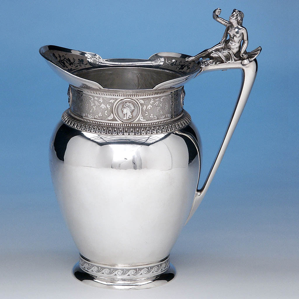 The Samuel M. Felton &#39;Medallion&#39; Coin Silver Water Pitcher with Figural Handle, Gorham &amp; Co., c. 1865
