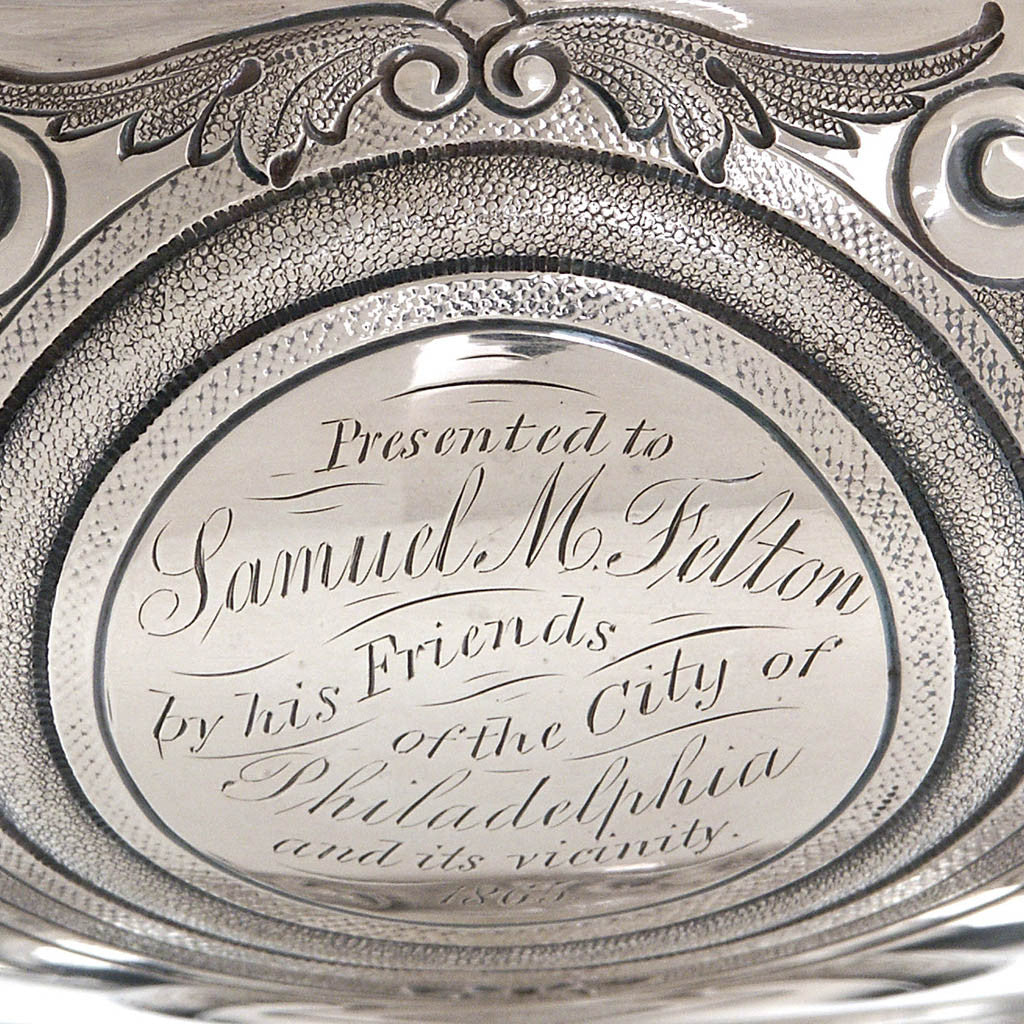Inscription on George Sharp for Bailey &amp; Co: The Samuel M. Felton &#39;Medallion&#39; Sterling Silver Centerpiece Compote, c. 1865