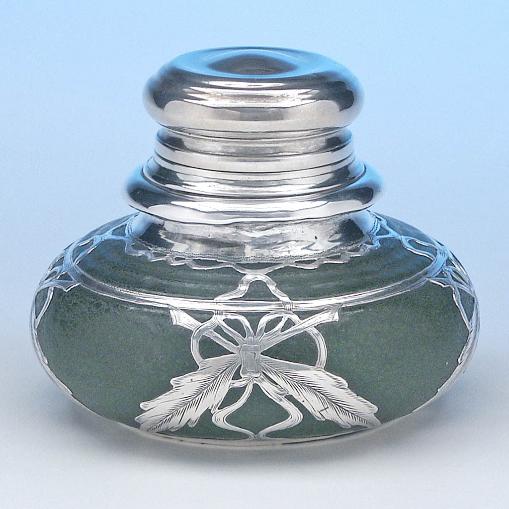 American Sterling Overlay on Grueby Art Pottery Extremely Rare Inkwell, Boston, c. 1900