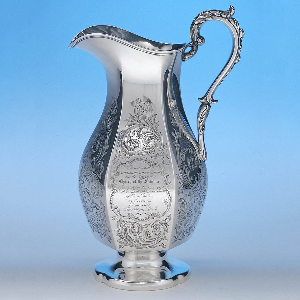 Eoff &amp; Phyfe Antique Coin Silver Presentation Ewer or Pitcher, New York City, c. 1848