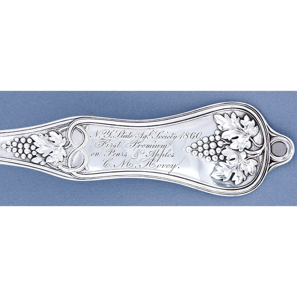 Detail of Michael Gibeny (attr) American Coin Silver ‘Grape’ or ‘Vintage’ Pattern Soup Ladle - Agricultural Presentation to Charles Mason Hovey, c. 1860