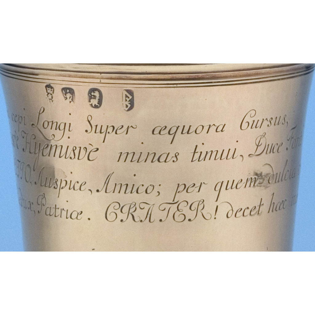 Marks and inscription on Benjamin Pyne: The Advice Cup - English Queen Anne Silver-Gilt Wine Goblet and Cover, London, 1705/6, of British Naval, American Colonial and Pirate Interest