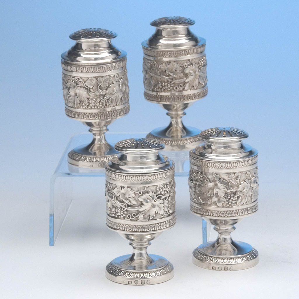 Rebecca Emes & Edward Barnard Pair of George III English Sterling Silver Casters, London, 1815, together with 2 identical silver plate examples by Elkington & Co, c. 1849