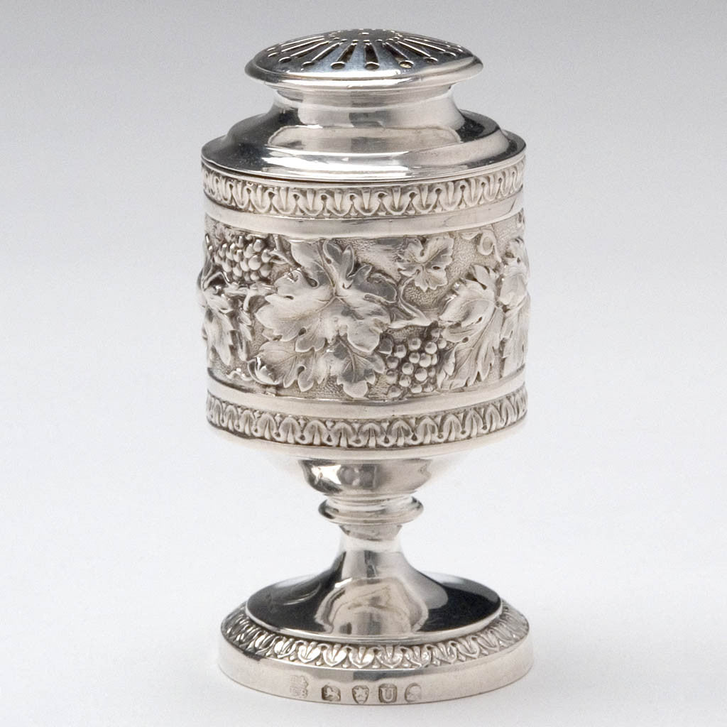 Detail of Rebecca Emes &amp; Edward Barnard Pair of George III English Sterling Silver Casters, London, 1815, together with 2 identical silver plate examples by Elkington &amp; Co, c. 1849