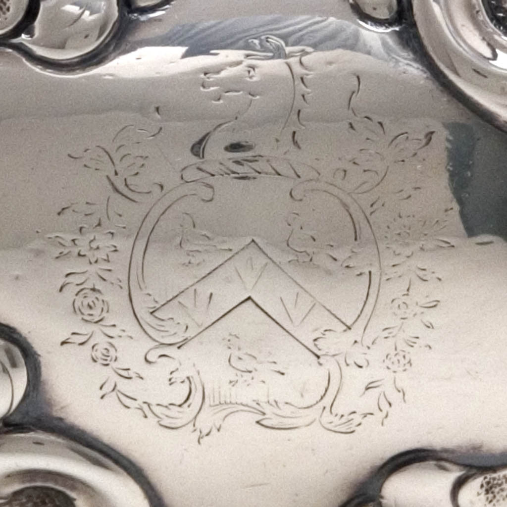 Arms on Samuel Kirk 11oz Silver Repoussé Chinoiserie Teapot, c. 1834-46, bearing the crest and arms of Maryland Governor Thomas Swann (1809-1883)