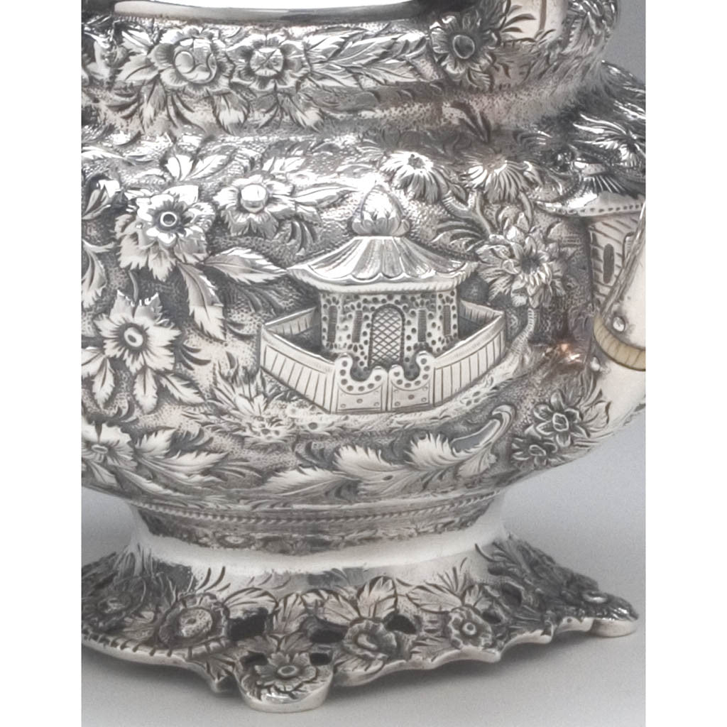 Repousse on Samuel Kirk 11oz Silver Repoussé Chinoiserie Teapot, c. 1834-46, bearing the crest and arms of Maryland Governor Thomas Swann (1809-1883)