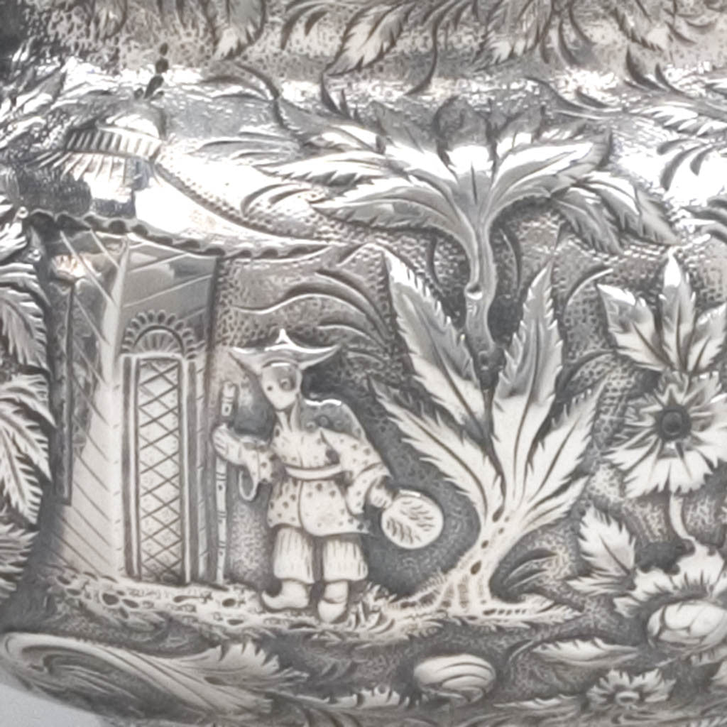 Figure on Samuel Kirk 11oz Silver Repoussé Chinoiserie Teapot, c. 1834-46, bearing the crest and arms of Maryland Governor Thomas Swann (1809-1883)