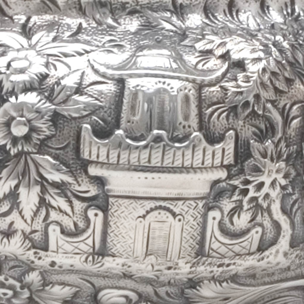 Pagoda on Samuel Kirk 11oz Silver Repoussé Chinoiserie Teapot, c. 1834-46, bearing the crest and arms of Maryland Governor Thomas Swann (1809-1883)