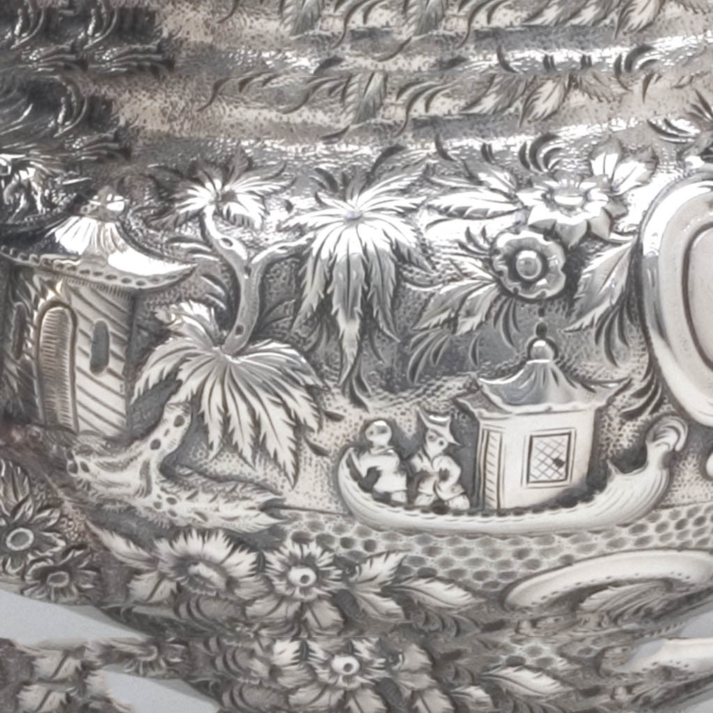 Gondola on Samuel Kirk 11oz Silver Repoussé Chinoiserie Teapot, c. 1834-46, bearing the crest and arms of Maryland Governor Thomas Swann (1809-1883)