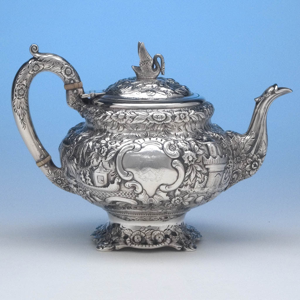 Samuel Kirk 11oz Silver Repoussé Chinoiserie Teapot, c. 1834-46, bearing the crest and arms of Maryland Governor Thomas Swann (1809-1883)