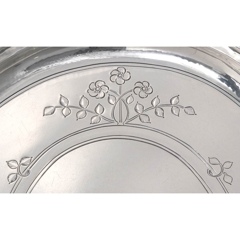 Detail of Arthur Stone Arts &amp; Crafts Sterling Silver Footed Salver, Tea Pot Stand or Card Tray, 1918