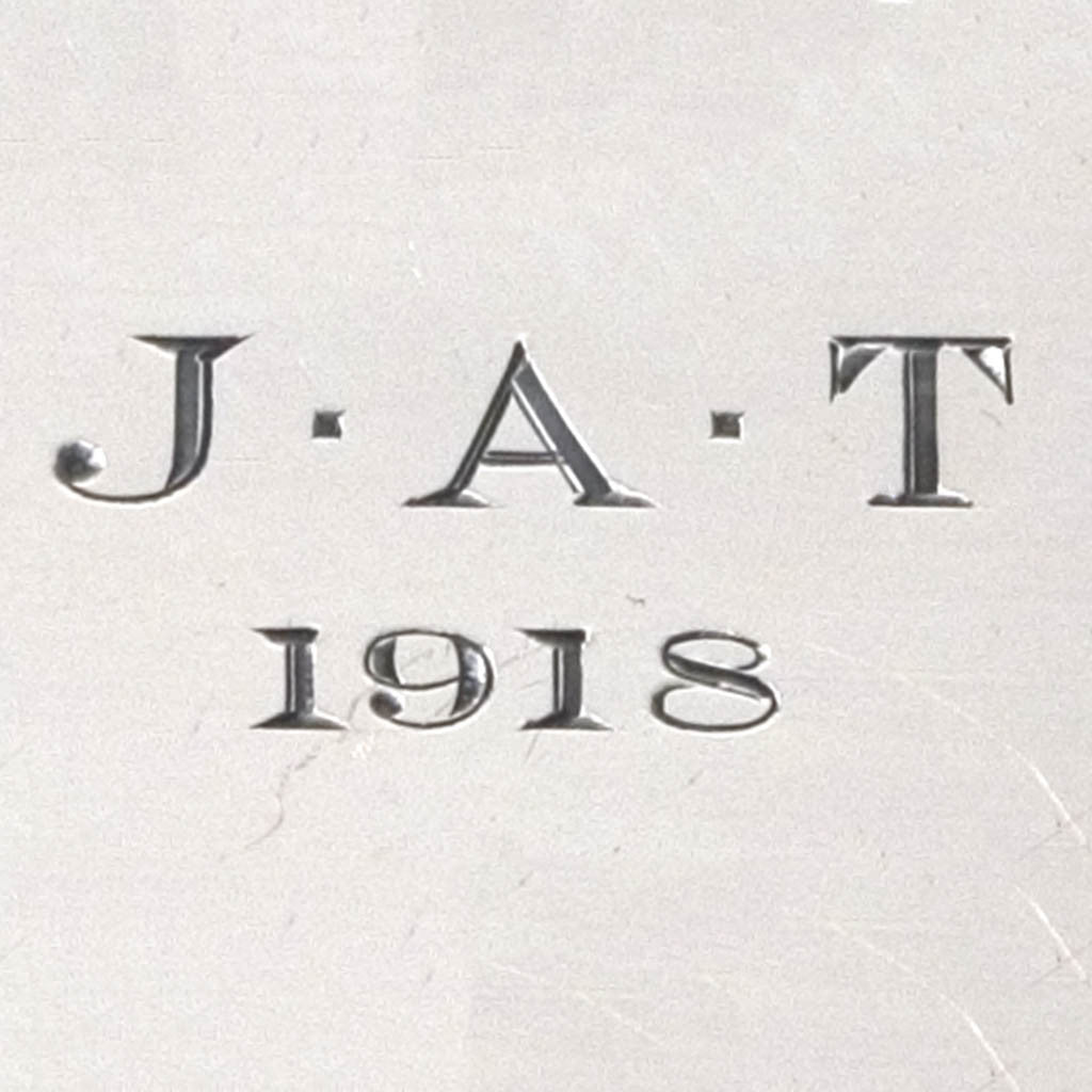 Date and monogram on Arthur Stone Arts &amp; Crafts Sterling Silver Footed Salver, Tea Pot Stand or Card Tray, 1918