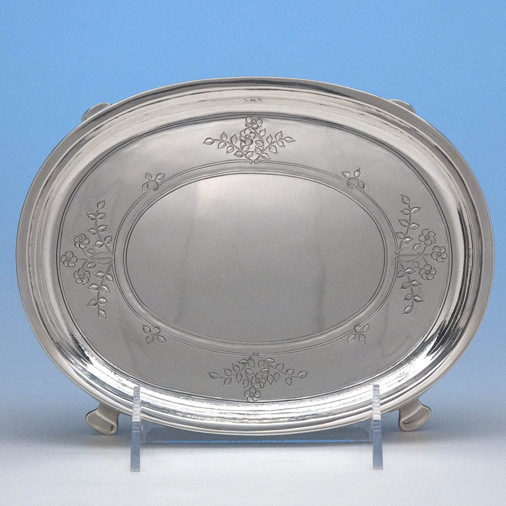 Arthur Stone Arts & Crafts Sterling Silver Footed Salver, Tea Pot Stand or Card Tray, 1918