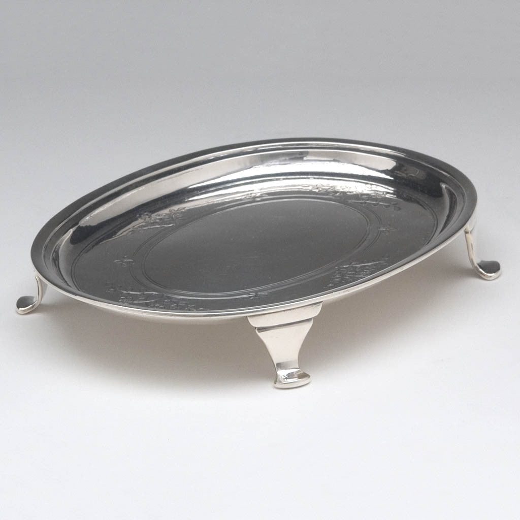 Side of Arthur Stone Arts &amp; Crafts Sterling Silver Footed Salver, Tea Pot Stand or Card Tray, 1918