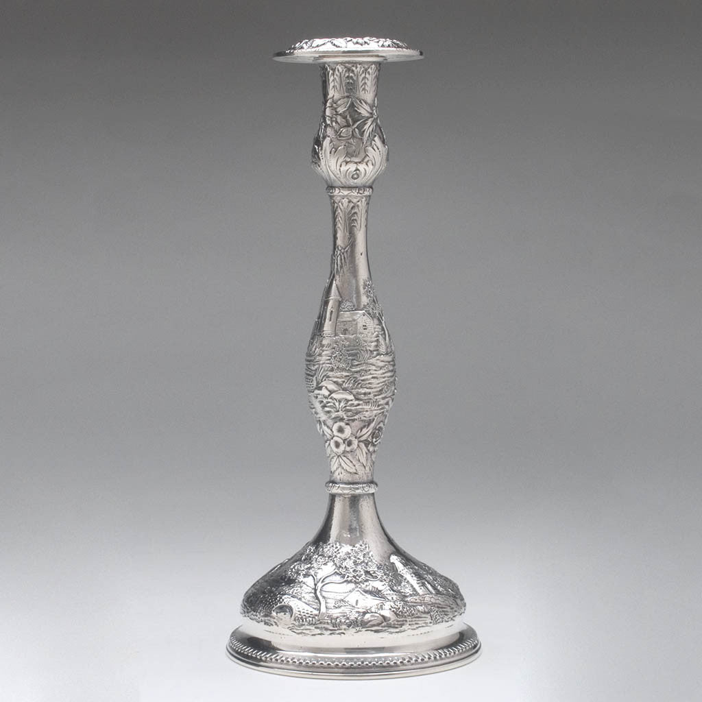 Single example of S. Kirk &amp; Son Co Pair of &#39;Castle&#39; Pattern Sterling Silver Candle Sticks, Baltimore, MD, c. 1900 