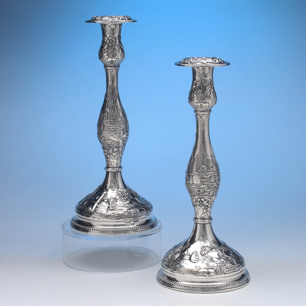 S. Kirk & Son Co Pair of 'Castle' Pattern Sterling Silver Candle Sticks, Baltimore, MD, c. 1900 