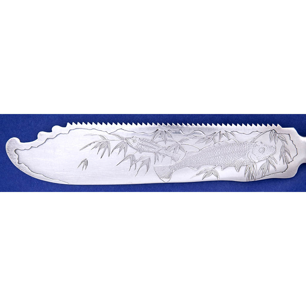 Blade detail of Gorham &#39;Hizen&#39; Pattern Antique Sterling Silver Cake Saw, Providence, RI, c. 1880