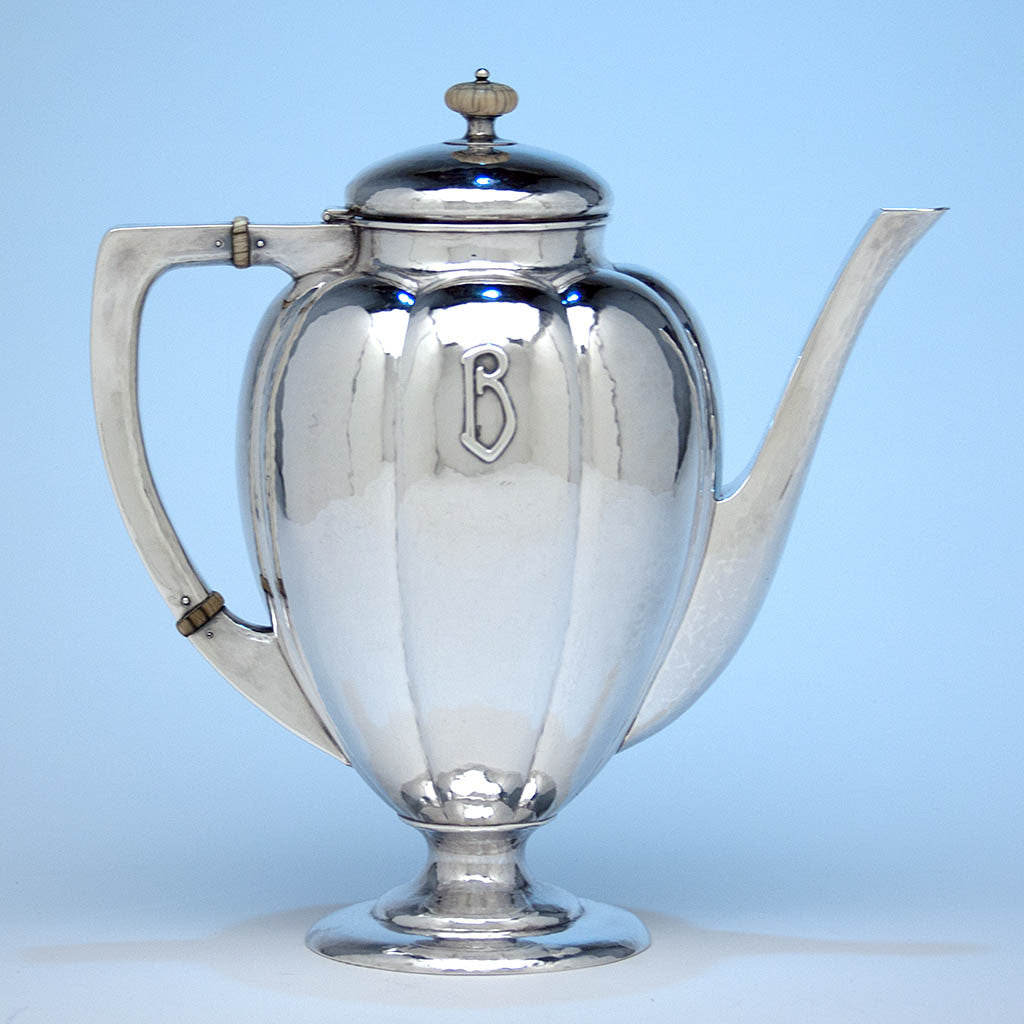Coffee pot to The Kalo Shop Hand Wrought Sterling Silver Arts &amp; Crafts Seven Piece Coffee and Tea Service with Tray, Chicago, Illinois - c. 1916-17